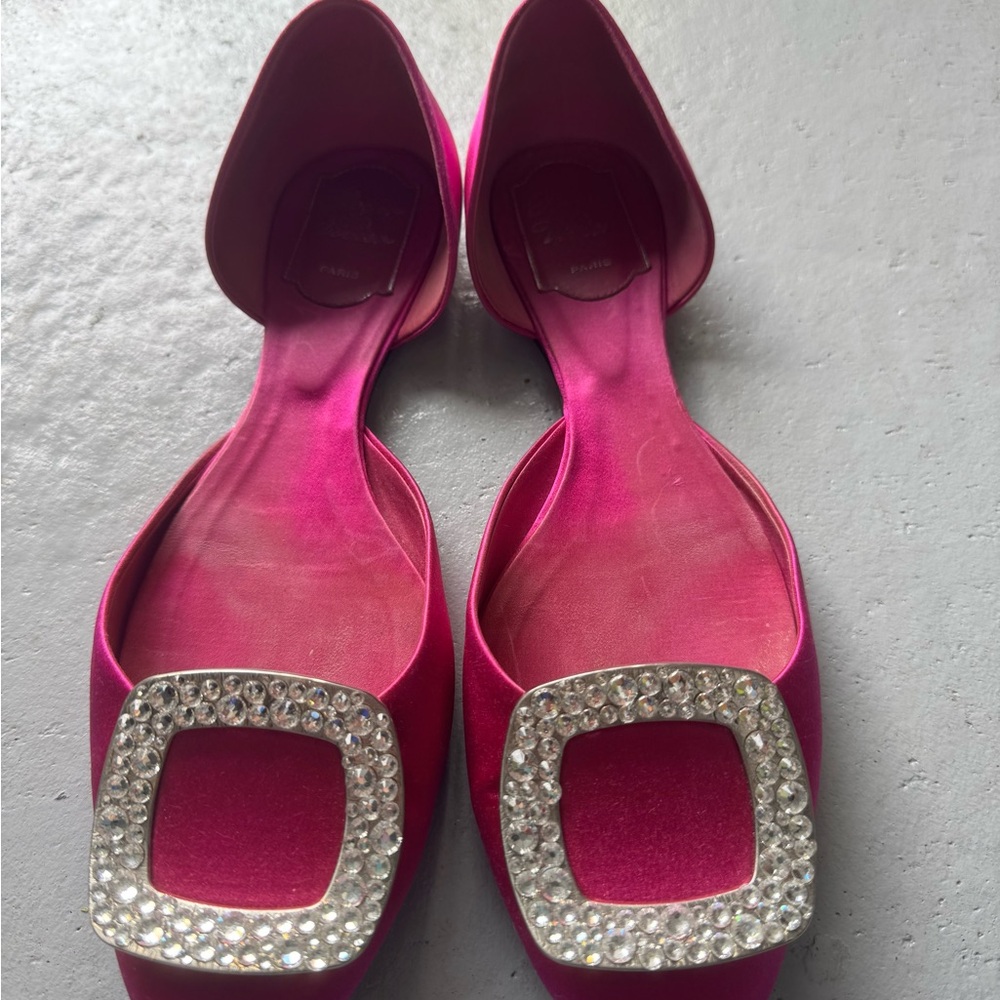 Roger Vivier Fuchsia Satin Flats with Crystal Buckle
